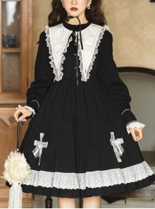 Cross Temple Series OP Pure Color Cotton Halloween Simplicity Gothic Lolita Black Long Sleeve Dress