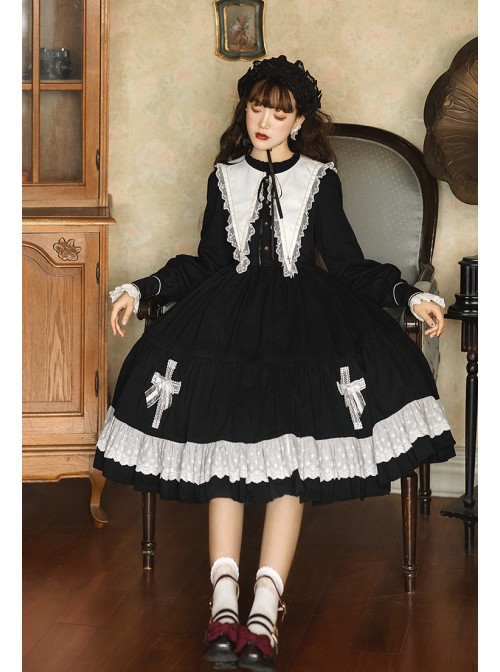 Cross Temple Series OP Pure Color Cotton Halloween Simplicity Gothic Lolita Black Long Sleeve Dress