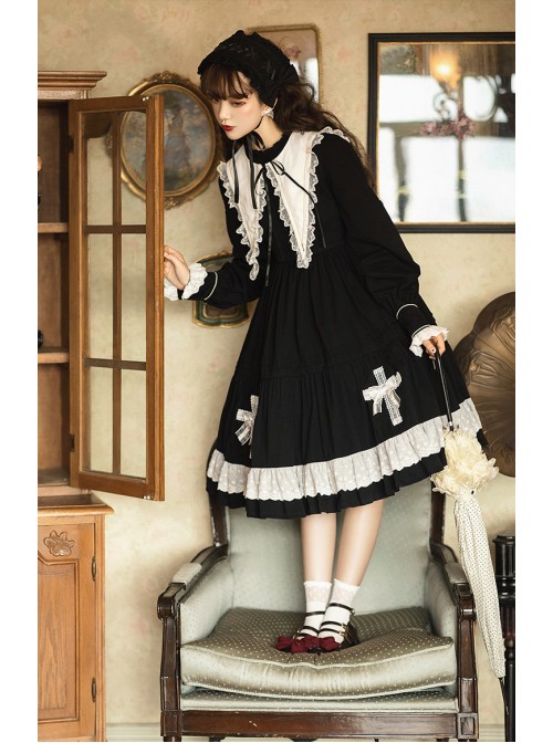 Cross Temple Series OP Pure Color Cotton Halloween Simplicity Gothic Lolita Black Long Sleeve Dress