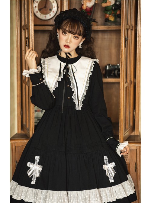 Cross Temple Series OP Pure Color Cotton Halloween Simplicity Gothic Lolita Black Long Sleeve Dress