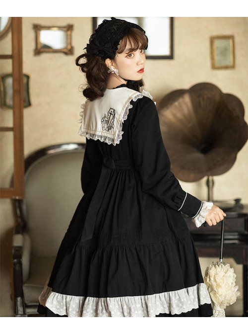 Cross Temple Series OP Pure Color Cotton Halloween Simplicity Gothic Lolita Black Long Sleeve Dress