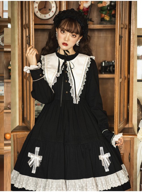 Cross Temple Series OP Pure Color Cotton Halloween Simplicity Gothic Lolita Black Long Sleeve Dress