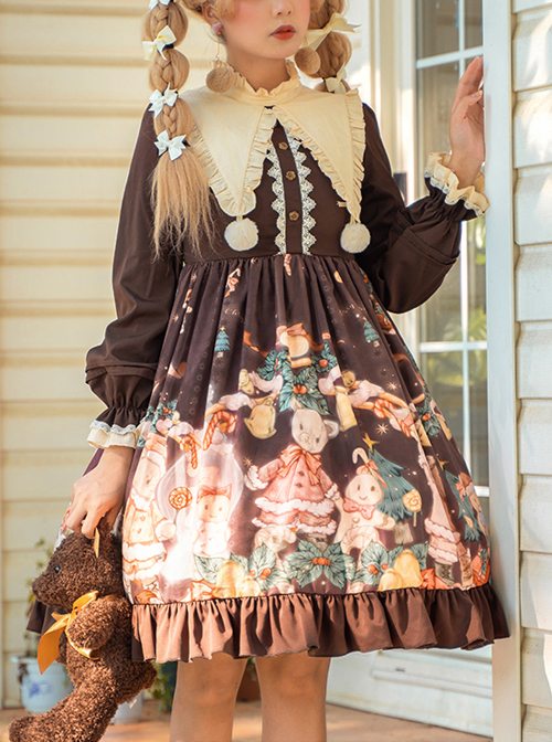 Christmas Bear Series OP Cute Printing Plush Ball Ruffle Pointed Collar Sweet Lolita Brown Long Sleeve Dress