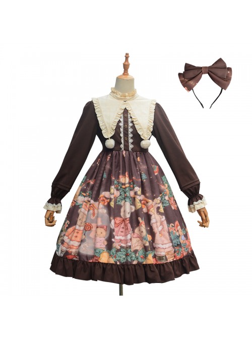 Christmas Bear Series OP Cute Printing Plush Ball Ruffle Pointed Collar Sweet Lolita Brown Long Sleeve Dress