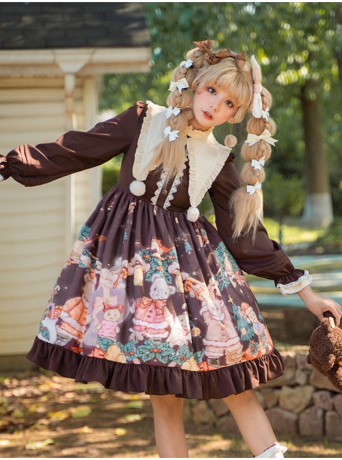 Christmas Bear Series OP Cute Printing Plush Ball Ruffle Pointed Collar Sweet Lolita Brown Long Sleeve Dress