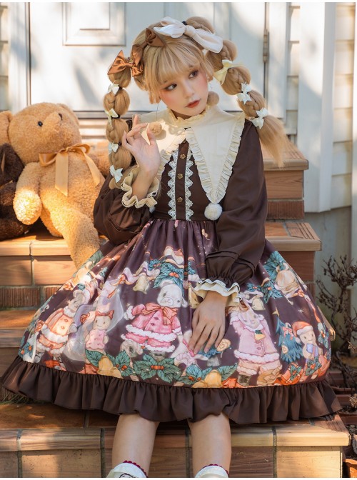 Christmas Bear Series OP Cute Printing Plush Ball Ruffle Pointed Collar Sweet Lolita Brown Long Sleeve Dress