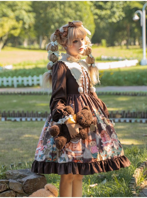 Christmas Bear Series OP Cute Printing Plush Ball Ruffle Pointed Collar Sweet Lolita Brown Long Sleeve Dress