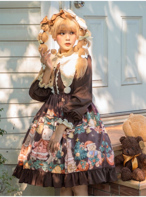 Christmas Bear Series OP Cute Printing Plush Ball Ruffle Pointed Collar Sweet Lolita Brown Long Sleeve Dress