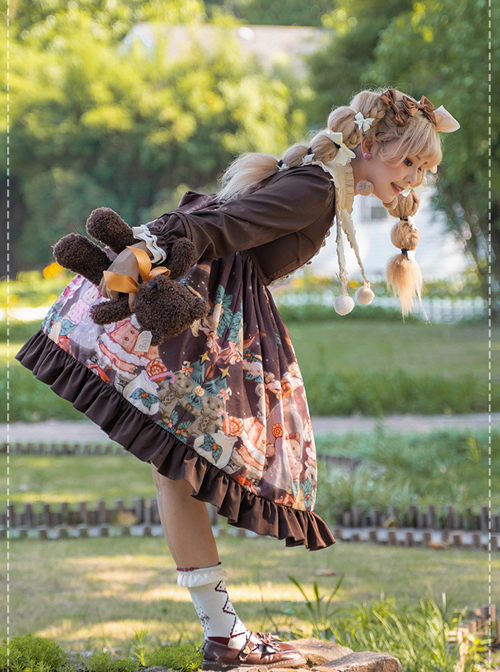 Christmas Bear Series OP Cute Printing Plush Ball Ruffle Pointed Collar Sweet Lolita Brown Long Sleeve Dress