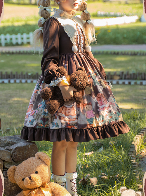 Christmas Bear Series OP Cute Printing Plush Ball Ruffle Pointed Collar Sweet Lolita Brown Long Sleeve Dress