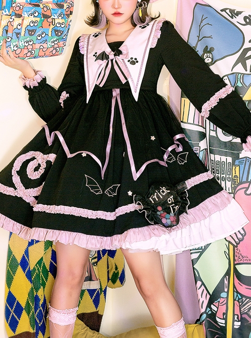 Magic House Series OP Cute Little Devil Cat Ears Pointed Collar Gothic Lolita Halloween Long Sleeve Thick Dress