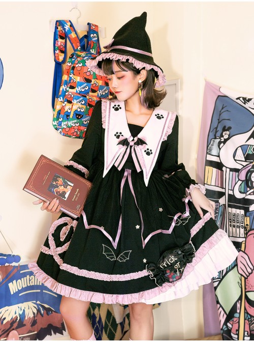 Magic House Series OP Cute Little Devil Cat Ears Pointed Collar Gothic Lolita Halloween Long Sleeve Thick Dress