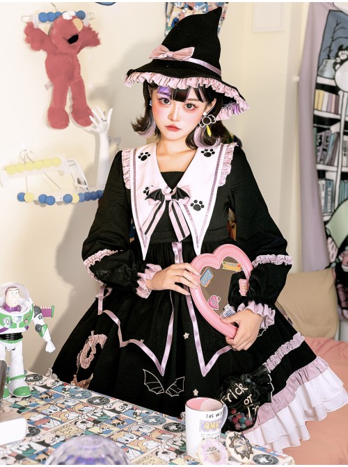 Magic House Series OP Cute Little Devil Cat Ears Pointed Collar Gothic Lolita Halloween Long Sleeve Thick Dress