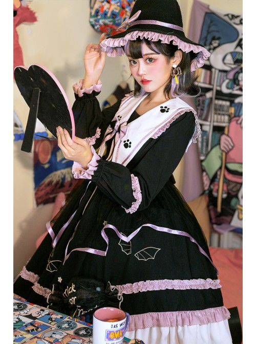 Magic House Series OP Cute Little Devil Cat Ears Pointed Collar Gothic Lolita Halloween Long Sleeve Thick Dress