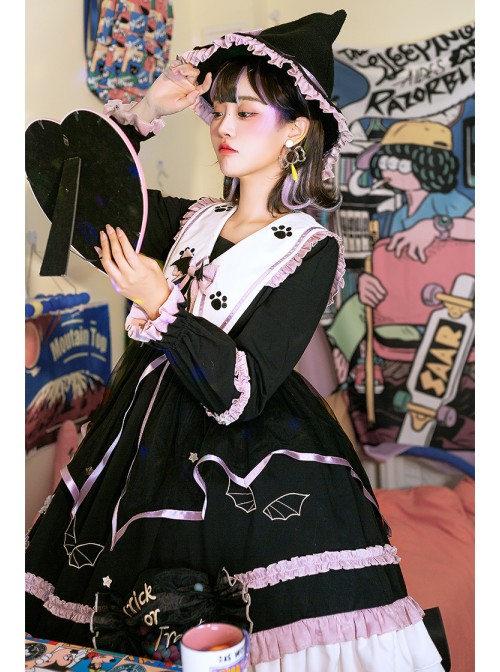 Magic House Series OP Cute Little Devil Cat Ears Pointed Collar Gothic Lolita Halloween Long Sleeve Thick Dress