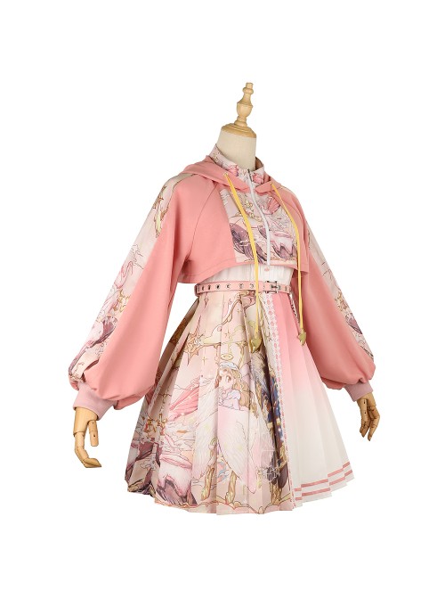 Beginning Of Sun And Moon Series JSK Cute Printing Sweet Lolita Pink Sling Dress And Hoodie Set