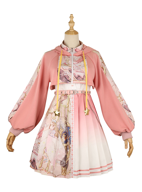 Beginning Of Sun And Moon Series JSK Cute Printing Sweet Lolita Pink Sling Dress And Hoodie Set