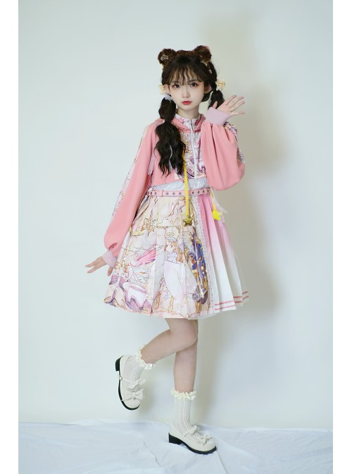 Beginning Of Sun And Moon Series JSK Cute Printing Sweet Lolita Pink Sling Dress And Hoodie Set