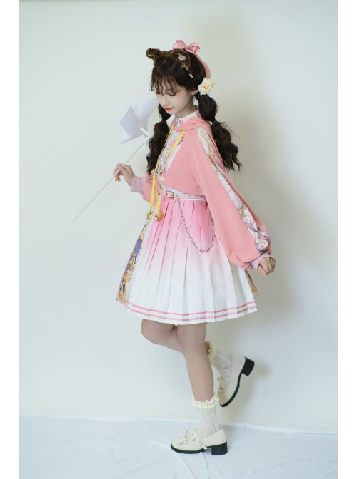 Beginning Of Sun And Moon Series JSK Cute Printing Sweet Lolita Pink Sling Dress And Hoodie Set