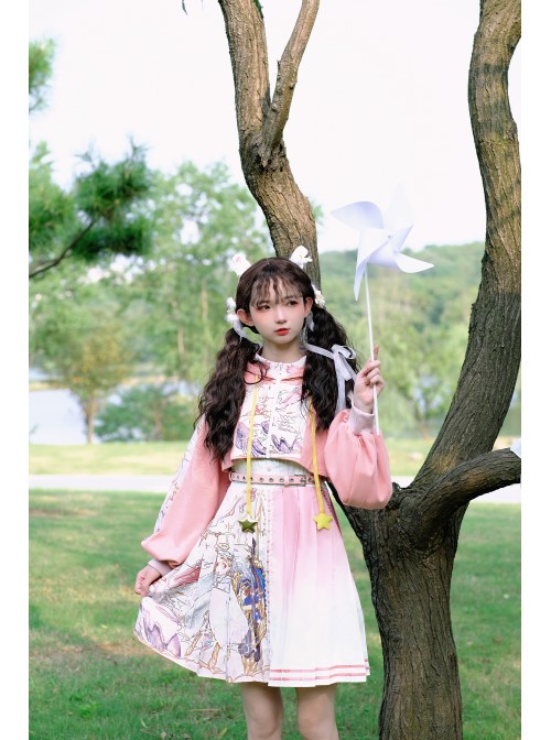 Beginning Of Sun And Moon Series JSK Cute Printing Sweet Lolita Pink Sling Dress And Hoodie Set