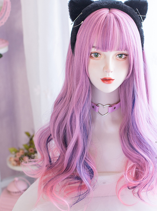 Light Sense Girl Series Cyberpunk Pink Blue Highlight Gradient Long Curly Wig Punk Lolita Wigs