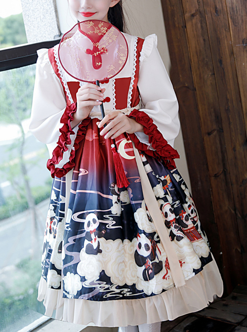 Cute Panda Series Printing Chinese Style Autumn Winter Children Sweet Lolita Kids Long Sleeve Dress