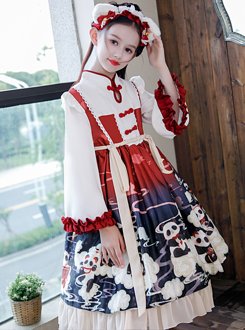 Cute Panda Series Printing Chinese Style Autumn Winter Children Sweet Lolita Kids Long Sleeve Dress