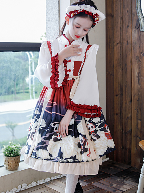 Cute Panda Series Printing Chinese Style Autumn Winter Children Sweet Lolita Kids Long Sleeve Dress