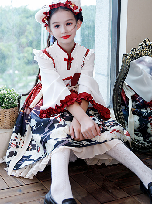 Cute Panda Series Printing Chinese Style Autumn Winter Children Sweet Lolita Kids Long Sleeve Dress