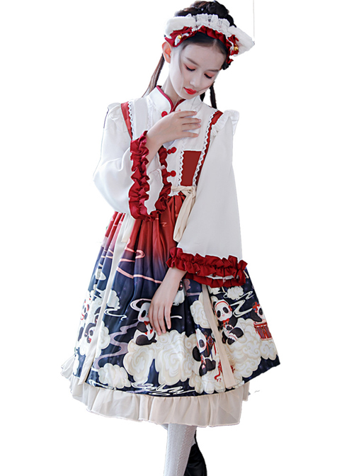 Cute Panda Series Printing Chinese Style Autumn Winter Children Sweet Lolita Kids Long Sleeve Dress