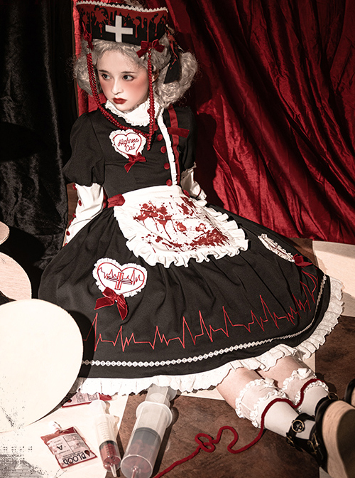 Scarlet Cross Series OP Conventional Style Halloween Nurse Blood Printing Gothic Lolita Long Sleeve Dress