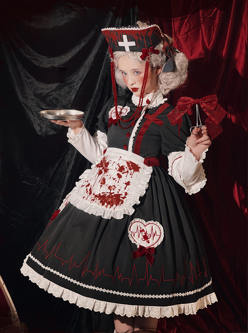 Scarlet Cross Series OP Conventional Style Halloween Nurse Blood Printing Gothic Lolita Long Sleeve Dress