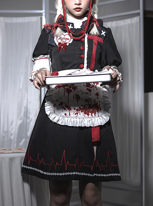 Scarlet Cross Series OP Short Style Blood Printing Halloween Nurse Gothic Lolita Long Sleeve Dress