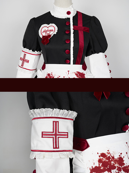 Scarlet Cross Series OP Short Style Blood Printing Halloween Nurse Gothic Lolita Long Sleeve Dress