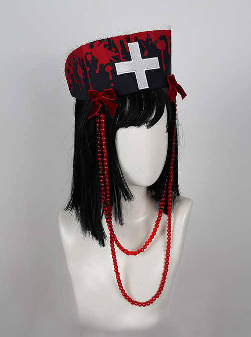 Scarlet Cross Series Blood Printing Cross Embroidery Chain Halloween Gothic Lolita Nurse Hat