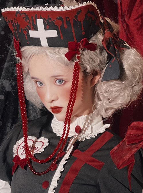 Scarlet Cross Series Blood Printing Cross Embroidery Chain Halloween Gothic Lolita Nurse Hat