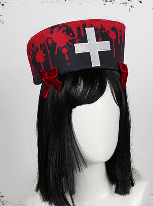 Scarlet Cross Series Blood Printing Cross Embroidery Chain Halloween Gothic Lolita Nurse Hat