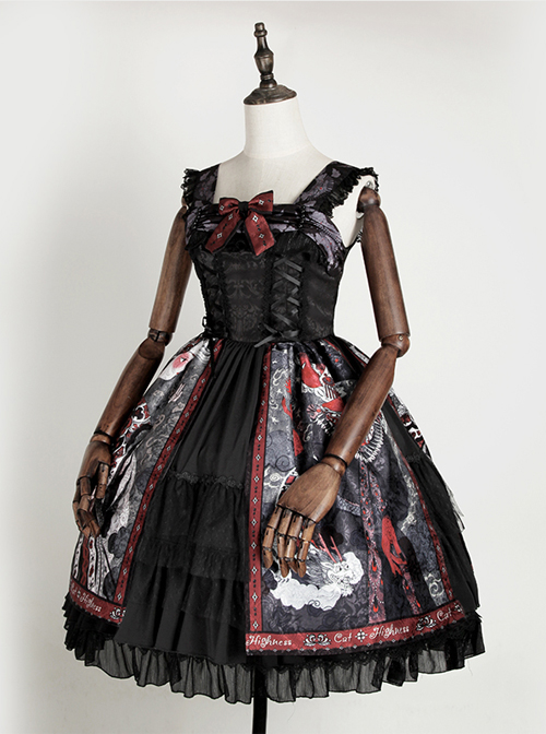 The Witch Image Series Double Layer JSK Small High Waist Full Placket Medium Length Halloween Gothic Lolita Sling Dress