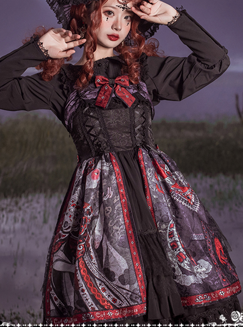 The Witch Image Series Double Layer JSK Small High Waist Full Placket Medium Length Halloween Gothic Lolita Sling Dress