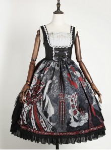 The Witch Image Series JSK Darkness Style Printing Small High Waist Side Placket Halloween Gothic Lolita Sling Dress