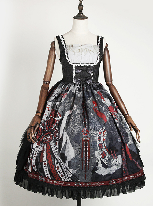 The Witch Image Series JSK Darkness Style Printing Small High Waist Side Placket Halloween Gothic Lolita Sling Dress