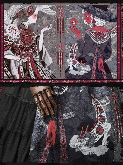 The Witch Image Series JSK Darkness Style Printing Small High Waist Side Placket Halloween Gothic Lolita Sling Dress