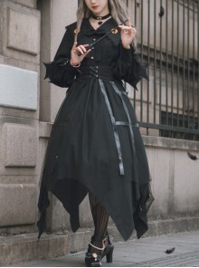 Cat-eye Series OP Black Halloween Darkness Retro Irregular Hem Gothic Lolita Long Sleeve Dress