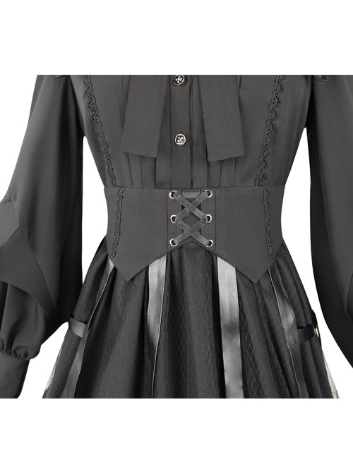 Cat-eye Series OP Black Halloween Darkness Retro Irregular Hem Gothic Lolita Long Sleeve Dress