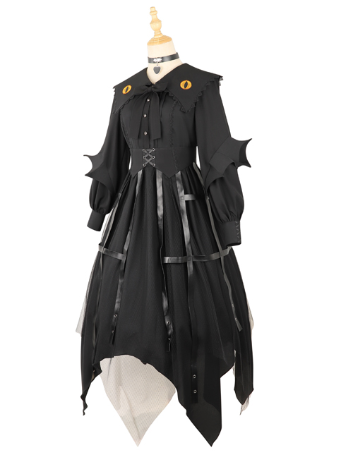 Cat-eye Series OP Black Halloween Darkness Retro Irregular Hem Gothic Lolita Long Sleeve Dress