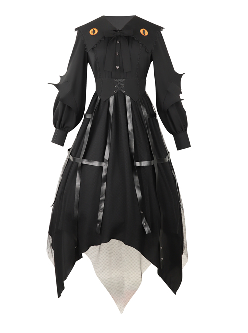 Cat-eye Series OP Black Halloween Darkness Retro Irregular Hem Gothic Lolita Long Sleeve Dress