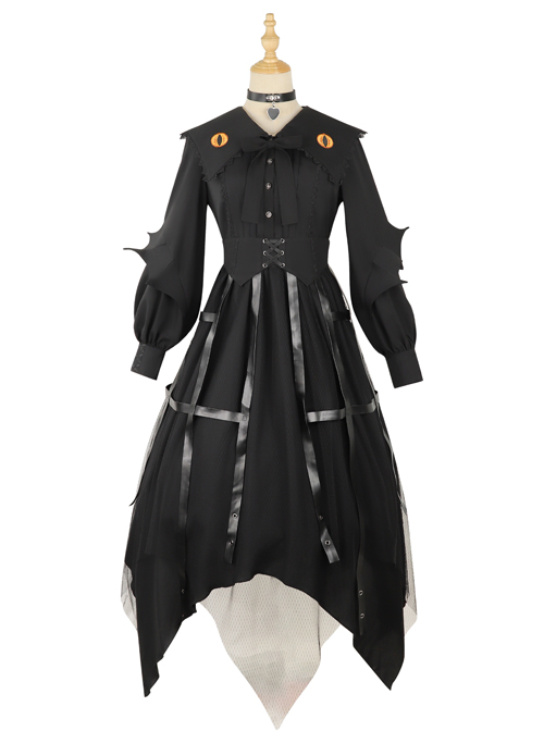 Cat-eye Series OP Black Halloween Darkness Retro Irregular Hem Gothic Lolita Long Sleeve Dress