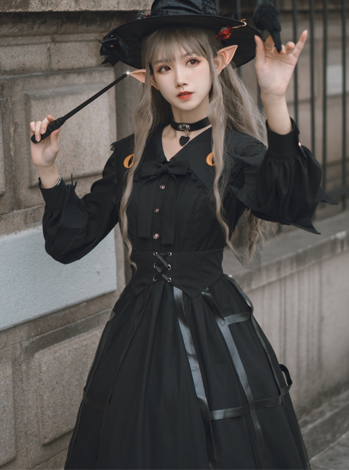 Cat-eye Series OP Black Halloween Darkness Retro Irregular Hem Gothic Lolita Long Sleeve Dress