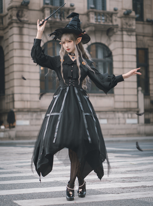 Cat-eye Series OP Black Halloween Darkness Retro Irregular Hem Gothic Lolita Long Sleeve Dress