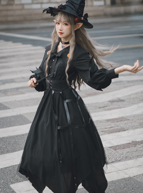 Cat-eye Series OP Black Halloween Darkness Retro Irregular Hem Gothic Lolita Long Sleeve Dress